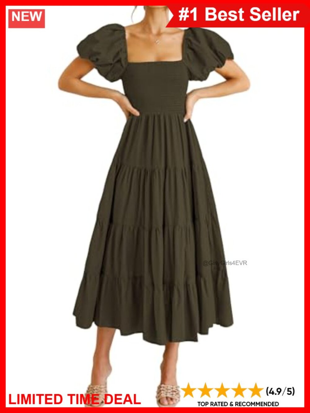 Women's Smocked Midi A-Line Ruffle Dress Square Neck Open Back